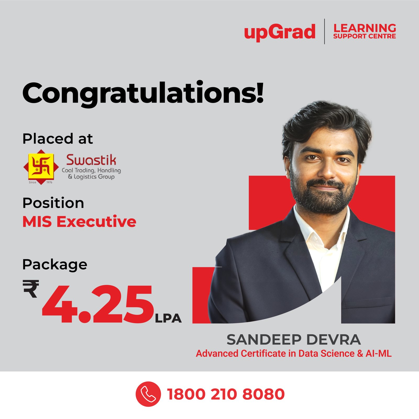 Sandeep Devra placed at Swastik Coal Trading, Handling & Logistics Group as an MIS Executive with a package of 4.25 LPA